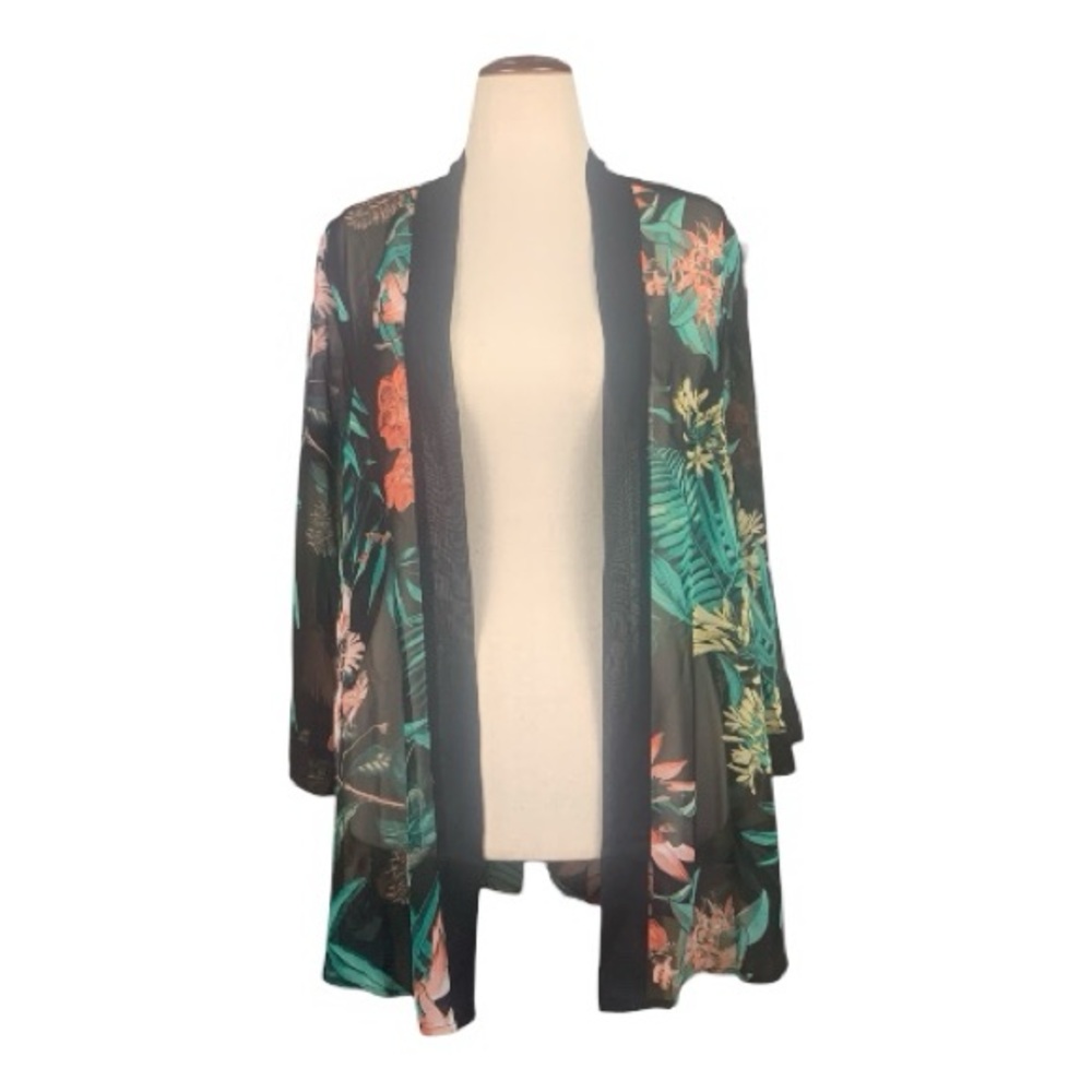 NWOT Black Sheer Open Front Cover Up Kimono Vibrant Floral Midi Duster Size XXS‎